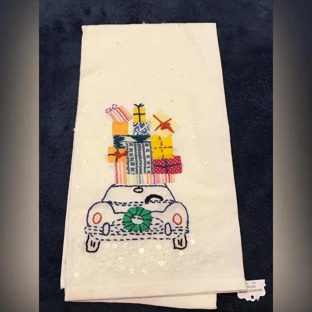 NWT Anthropologie HOLIDAY Embroidered Sequined Kitchen Tea Dish Towel